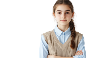 A Stylish Girl in a Preppy Sweater Vest Over a Collared Shirt in a Fashionable Urban Setting Ideal for Trendy Lifestyle Blogs and Fashion Editorials. png