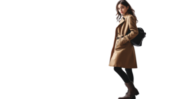 Stylish Girl in a Trench Coat and Boots Posing on a White Background for Fashion Marketing and Editorial Use. png