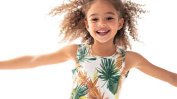 Bright and Lively Image of a Girl in a Short Romper with Tropical Prints Perfect for Fashion Blogs and Summer Campaigns. png