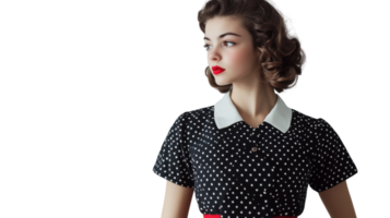 Charming Young Woman in a Vintage Polka Dot Dress Perfect for Nostalgic Fashion Projects and Retro-Themed Events. png