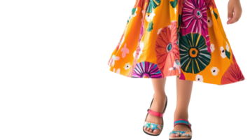 A young girl enjoys a sunny day in a vibrant sundress, perfect for summer outings and family gatherings, capturing the essence of youth and warmth in bright colors.. png