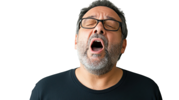 A middle aged man yawning with tired eyes, capturing the essence of exhaustion and the need for rest, perfect for wellness and lifestyle articles focusing on sleep and fatigue.. png