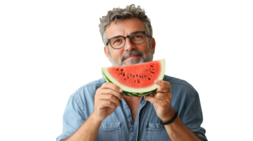 Middle Aged Man Relishing a Slice of Watermelon in a Sunlit Setting Perfect for Summer Gatherings and Refreshing Treats. png