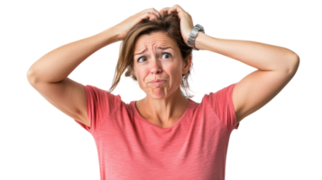A Middle Aged Woman Displaying Confusion and Uncertainty, Ideal for Illustrating Emotional Moods and Life Challenges in Creative Projects. png