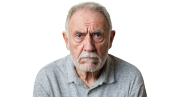 Emotional Portrait of a Senior Man Frowning in Disappointment, Perfect for Illustrating Themes of Aging and Reflection in Personal Narrative Projects. png