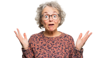A Senior Woman Looking Surprised with Raised Eyebrows Perfect for Capturing Emotions and Expressions in Various Projects. png