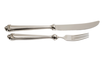 Elegant Silver Knife and Fork Set Perfect for Upscale Dining and Special Occasions Featuring a Solid White Background for a Classy Presentation. png