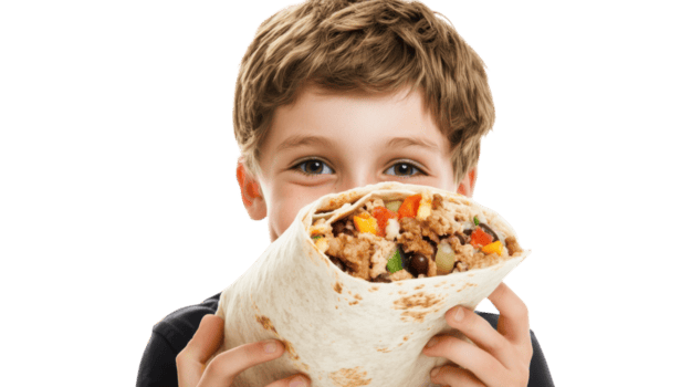 utsökt Tonårs pojke njuter en stor burrito perfekt för foodie bloggar, social media inlägg, och kulinariska webbplatser. png