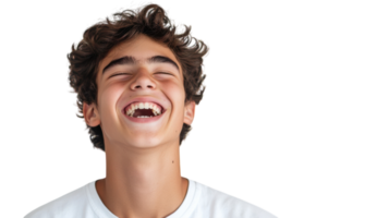 A Cheerful Teenage Boy Laughing Sheepishly on a White Background, Perfect for Expressing Joy and Youthful Emotions in Various Creative Projects. png