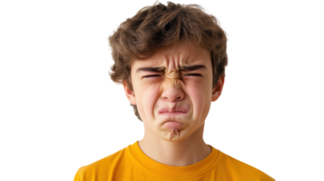Expressive Portrait of a Teenage Boy Displaying Disgust Emotion, Perfect for Illustrations Related to Teen Attitudes and Reactions. png