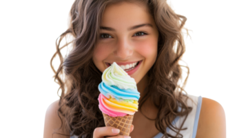 A Teenage Girl Enjoying a Colorful Ice Cream Cone in a Delightful Summer Setting Perfect for Social Media Posts and Blog Articles. png