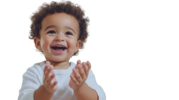 Joyful Toddler Clapping Happiness and Excitement in a Bright White Setting for Celebratory Themes. png