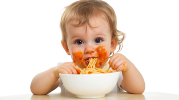 A Joyful Toddler Enjoying a Bowl of Spaghetti in a Bright Kitchen, Perfect for Family and Childhood-Themed Projects. png