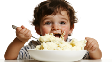 A Delightful Scene of a Toddler Enjoying Mashed Potatoes with a Spoon, Perfect for Illustrating Nutrition and Family Meal Times. png