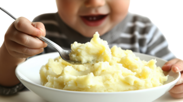 Delightful Moment of a Toddler Enjoying Mashed Potatoes with a Spoon Captured in a Heartwarming Scene. png