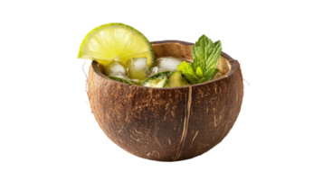 Refreshing Tropical Cocktail Served in an Authentic Coconut Shell Ideal for Summer Parties and Beach-themed Events. png