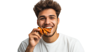 A Young Man Delightfully Enjoying Spicy Chicken Wings with a Big Smile Reflecting Joy and Flavorful Experience. png