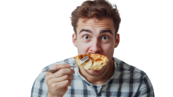 A Young Man Enjoying a Slice of Delicious Apple Pie in a Cheerful Setting Perfect for Food Blogs and Culinary Websites. png