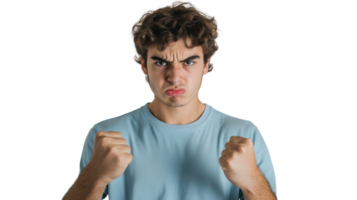 Portrait of a Young Man Displaying Anger with Clenched Fists, Perfect for Illustrating Emotional Expression, Conflict or Frustration in Various Contexts. png