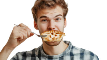 A Young Man Enjoying a Slice of Delicious Apple Pie Perfect for Food Blogs and Culinary Articles. png