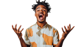 A Young Man Exaggerating Enthusiasm in a Playful Manner to Showcase Humor and Relatability for Various Creative Projects. png