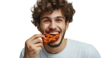 A Joyful Young Man Enjoying Spicy Chicken Wings with a Broad Smile, Perfect for Food and Lifestyle Blogs. png