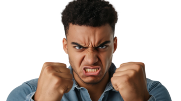 A young man expressing anger with clenched fists, ideal for showcasing strong emotions in design projects, presentations, or articles about conflict resolution and mental health.. png