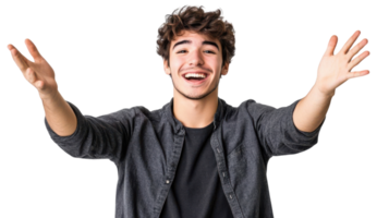 A Young Man Displaying Over-the-Top Enthusiasm in a Casual Setting, Perfect for Illustrating Facade and Insincerity in Social Interactions. png