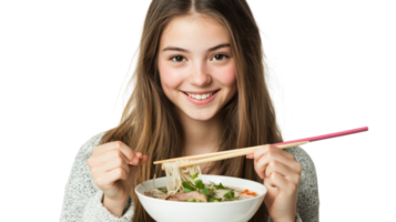 A young woman savoring a delightful bowl of pho in a cozy setting, perfect for food blogs, restaurant menus, and culinary advertisements showcasing Vietnamese cuisine.. png