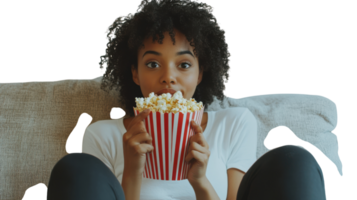 Young Woman Enjoying a Bag of Popcorn at a Movie Night, Perfect for Invoking Feelings of Comfort and Relaxation in Designs. png