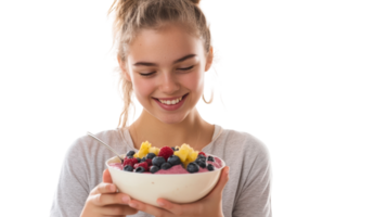 A Young Woman Enjoying a Delicious and Healthy Smoothie Bowl Packed with Fresh Fruits and Nutritious Toppings, Perfect for Breakfast or a Refreshing Snack. png