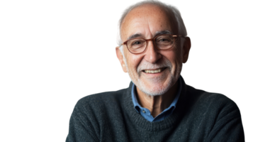 Elderly Man Grinning Mischievously Against a Whimsical Background Ideal for Social Media and Marketing Use. png