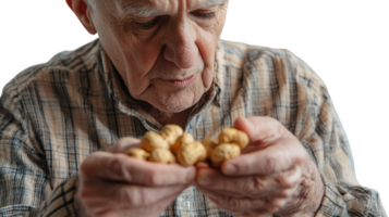 An Elderly Man Enjoying the Simple Pleasure of Cracking Open a Peanut Shell, Perfect for Evoking Nostalgia and Moments of Leisure in Creative Projects. png