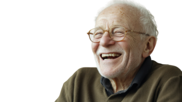 An elderly man laughing softly against a white background, perfect for emotional expressions in family or lifestyle projects, emphasizing joy and warmth in various contexts.. png
