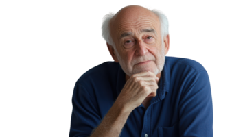 Thoughtful Elderly Man Reflecting on Life with Hand on Chin, Perfect for Discussions on Aging, Wisdom, and Personal Growth. png