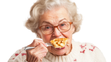 A heartwarming scene featuring an elderly woman indulging in a delicious piece of apple pie, perfect for illustrating themes of nostalgia, comfort, and the joys of simple pleasures.. png
