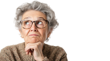 Curious Elderly Woman Engaged in Thoughtful Reflection Portrayed in a Captivating Image for Various Creative Uses. png