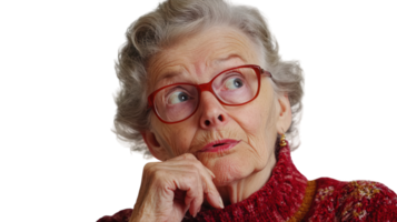 An elderly woman with an inquisitive expression, perfect for projects focused on curiosity, wisdom, and the beauty of aging, capturing a moment of wonder and engagement with the world around her.. png
