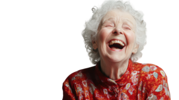 Charming Image of an Elderly Woman Giggling Softly, Perfect for Family and Community Related Themes in Marketing and Design Projects. png