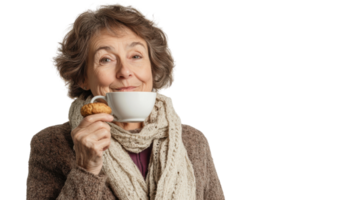 Elderly Woman Enjoying a Relaxing Moment with a Cup of Tea in a Cozy Setting. png