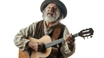 An elderly folk musician performing with traditional instruments in a captivating rural setting, ideal for cultural, music-related, or nostalgia-themed projects.. png