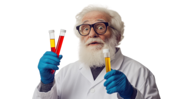 An elderly gentleman portrayed as a scientist in a lab setting, perfect for educational materials, creative projects, and scientific presentations showcasing wisdom and experience in research.. png
