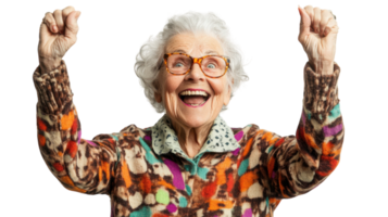 An elderly woman with a delighted expression, showcasing the beauty of happiness and joy in later years, perfect for themes related to aging, positivity, and emotional wellness.. png