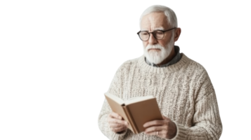 An Old Man in a Cozy Sweater and Reading Glasses Sitting in a Comfortable Chair, Ideal for Illustrating Themes of Leisure, Aging, and Reflection. png