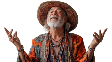 An Old Man in a Bohemian Outfit Showcasing Unique Style and Character, Perfect for Representing Individuality and Creative Fashion Choices in Visual Media. png