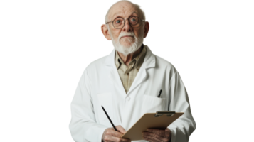 Senior Scientist in a Lab Coat Holding a Clipboard, Ideal for Educational and Research Presentations in the Scientific Community. png