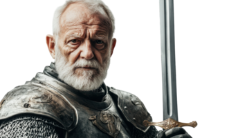 A Captivating Image of an Elderly Knight in Dazzling Armor, Perfect for Illustrating Themes of Valor, Heritage, and Wisdom in Storytelling and Visual Arts. png