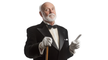 Elegant Portrait of an Elderly Man Dressed in Tuxedo with Cane, Perfect for Vintage or Formal Event Themes, Capturing the Essence of Timeless Style and Grace. png