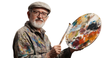 An Old Man in a Painter's Smock Holding a Palette in a Studio Setting, Perfect for Art and Creativity Themes. png