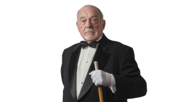 A Dapper Elderly Gentleman in a Tuxedo with a Cane, Perfect for Celebratory Events or Vintage Themed Parties and Gatherings. png